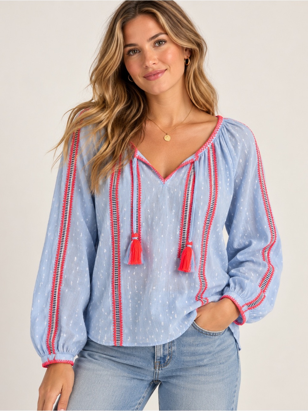 Lilly Pulitzer Mardi Chambray Blouse Medium Pink Whipstitch Tassel Tie Long Slee